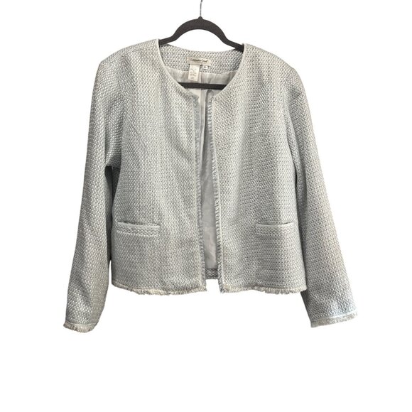 Coldwater Creek Jackets & Blazers - Coldwater Creek XL Womens Light Blue Tweed Open Front Lady Jacket  Fringe Detail